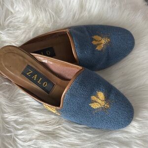 Zalo Blue Mules with Gold Embroidery